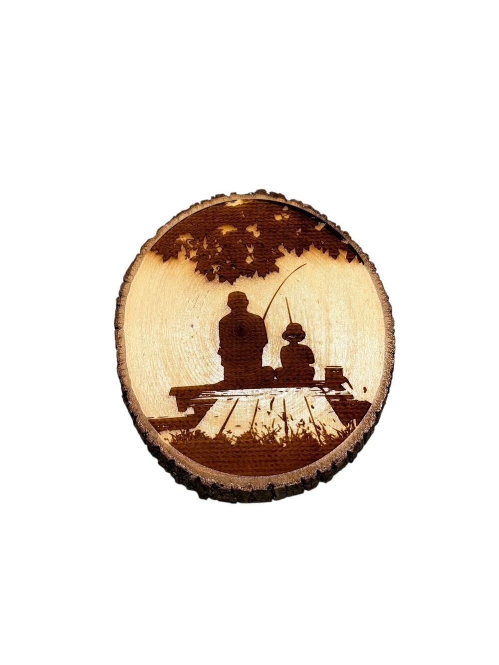 Father and Son Fishing Rustic Wood Slice Wall Art